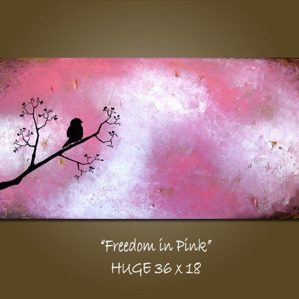 Freedom in Pink - HUGE 36 x 18, Heavy Textured Acrylic on canvas, gallery wrapped and ready to hang, ORIGINAL, One of a Kind, Contemporary Earthy Bird Art