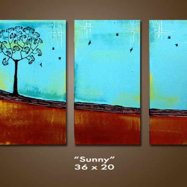 Sunny - HUGE 36 x 20, Heavy Textured Acrylic Art PAINTING on canvas, gallery wrapped, ORIGINAL, Contemporary Tree Art