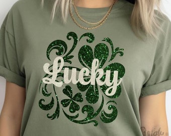Comfort Colors Lucky Shamrock T-Shirt: St Patrick's Day Faux Glitter
