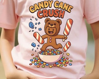 Candy Cane Crush Kids Christmas T-Shirt: Funny Holiday Cartoon Bear Tee