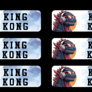 May include: Three rows of stickers featuring a blue and red Godzilla-like monster with sunglasses and headphones, and a gray Godzilla-like monster. Each sticker has a white background with blue and gray watercolor-like clouds and the text "KING KONG" in black.