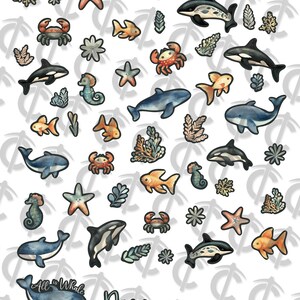 Op de afbeelding: Een set van 25 aquarel stickers met verschillende zeedieren, waaronder walvissen, dolfijnen, zeepaardjes, zeesterren, krabben en vissen. De stickers zijn perfect om een ​​toets van whimsy toe te voegen aan dagboeken, planners, laptops en meer.