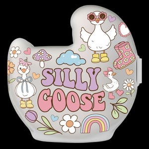 May include: A clear, plastic case with a whimsical design featuring the words "SILLY GOOSE" in pastel colors. The case is decorated with cartoon geese, flowers, hearts, a rainbow, and boots. The overall theme is playful and cute.