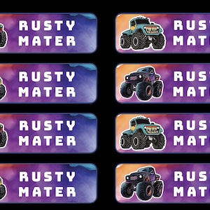 Custom Monster Truck Name Tag Stickers: Waterproof Kids Labels (68 ct)