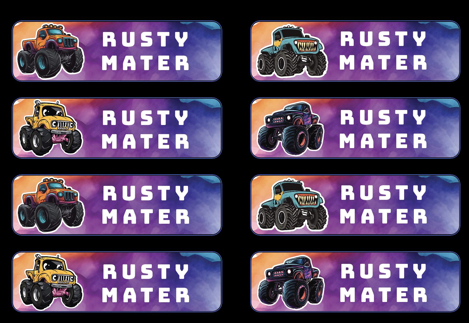 Custom Monster Truck Name Tag Stickers: Waterproof Kids Labels (68 ct), image size:1786x1230