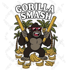 May include: A cartoon illustration featuring a gorilla wearing sunglasses and holding two wooden bats. The text "GORILLA SMASH" is above the gorilla. Palm trees and bananas are also in the image. The gorilla has a brown face and chest.