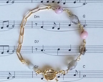 18k Gold Filled Paper clip chain bracelet, Pink Opal, Smoky quartz beaded bracelet, chain extender, 8.5 inch hand wired, 14k GF sailor clasp