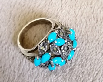 Turquoise and Marcasite 925 Silver ring US 6.25, bombe ring, preloved, gift for her