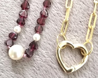 Heart shaped Rhodolite Garnet layering necklace hand knotted with Swarovski Pearls 19" 48cm