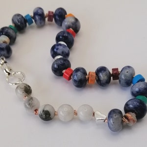 Blue dot Sodalite with quartz and mixed gemstone heishi bracelet, necklace extender, 7.5 inches 18.5cm, handknotted image 3