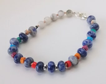 Blue dot Sodalite with quartz and mixed gemstone heishi bracelet, necklace extender, 7.5 inches 18.5cm, handknotted