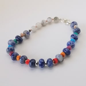Blue dot Sodalite with quartz and mixed gemstone heishi bracelet, necklace extender, 7.5 inches 18.5cm, handknotted image 1