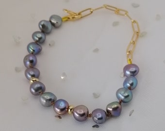 Pastel Peacock Handknotted Freshwater Pearls with 14K Gold filled paper clip bracelet, 5.5 - 9 inches, necklace extender