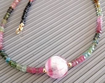 16" Tourmaline Necklace with handmade Murano glass bead with Gold filled extender