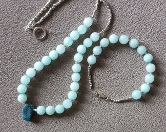 Raw Apatite with Amazonite and Thai Hill Tribe silver one of a kind Necklace 17 inches 43 cm