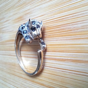 Preloved 9K Gold Leopard Cat Ring with lab grown sapphires Statement ring