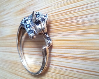 Preloved 9K Gold Leopard Cat Ring with lab grown sapphires Statement ring