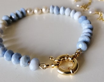 Denim blue Owyhee Opal and Faux Pearls hand knotted bracelet with 14k GF sailor clasp, necklace extender, 19cm, bracelet stack, neck mess