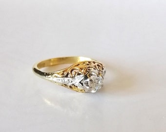 Vintage inspired Diamond 18k yellow white gold ring, preloved, US 5 3/4