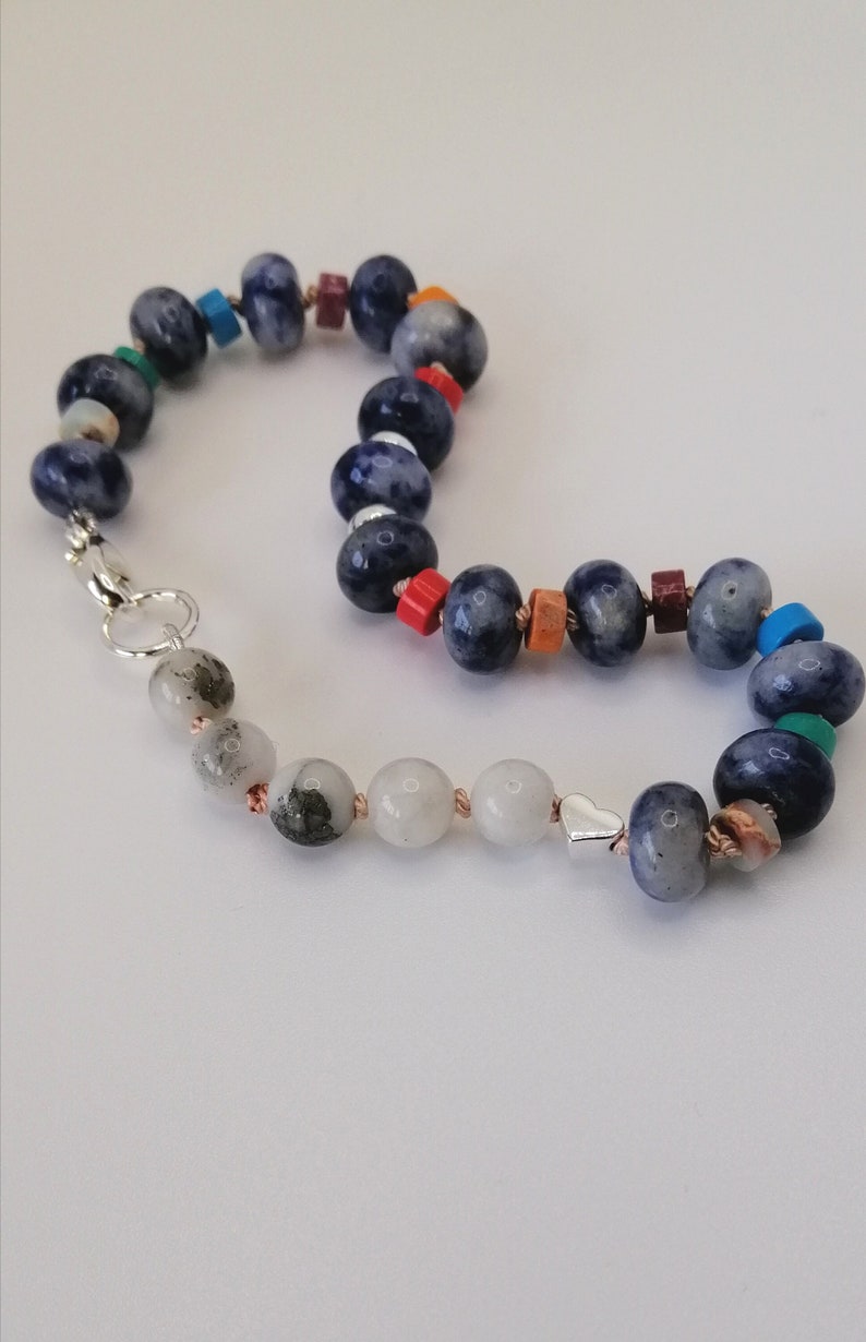 Blue dot Sodalite with quartz and mixed gemstone heishi bracelet, necklace extender, 7.5 inches 18.5cm, handknotted image 3