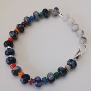 Blue dot Sodalite with quartz and mixed gemstone heishi bracelet, necklace extender, 7.5 inches 18.5cm, handknotted image 5