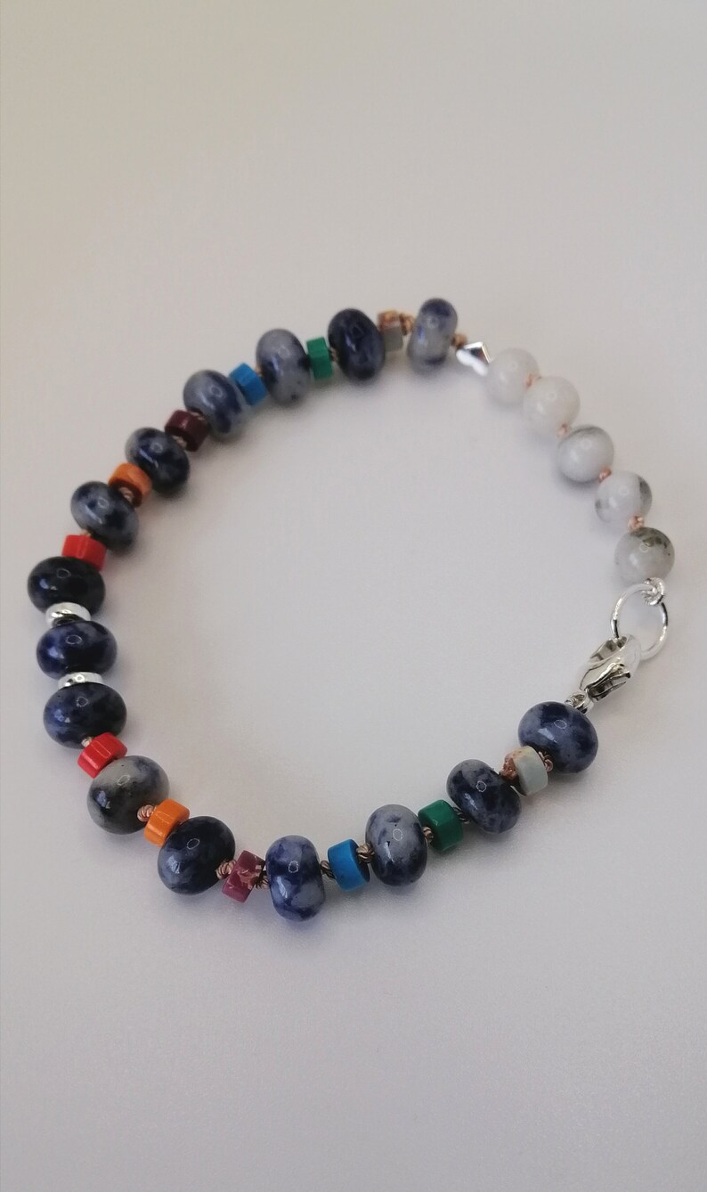 Blue dot Sodalite with quartz and mixed gemstone heishi bracelet, necklace extender, 7.5 inches 18.5cm, handknotted image 5