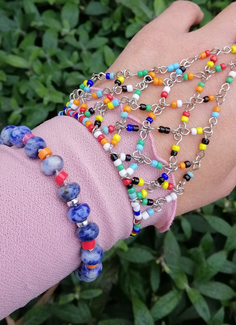 Blue dot Sodalite with quartz and mixed gemstone heishi bracelet, necklace extender, 7.5 inches 18.5cm, handknotted image 2