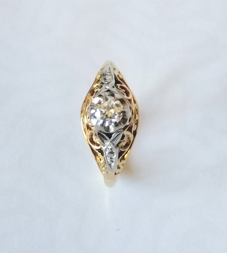 Vintage inspired Diamond 18k yellow white gold ring, preloved, US 5 3/4 image 2