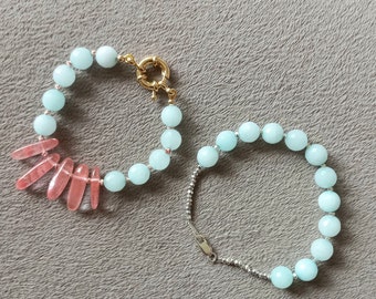 Amazonite & Strawberry Quartz bracelet necklace extender with 14k GF bolt ring clasp silk hand knotted 6.5 inches