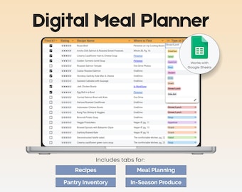 Può includere: Un foglio di calcolo di pianificazione dei pasti digitale con schede per ricette, inventario della dispensa, pianificazione dei pasti e prodotti di stagione. Il foglio di calcolo è aperto su un computer portatile e mostra un elenco di ricette con valutazioni, dove trovarle e il tipo di piatto. Il foglio di calcolo è compatibile con Google Sheets.