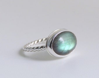Labradorite Ring Sterling Silver Bezel Set Oval Blue Green Gemstone Ring