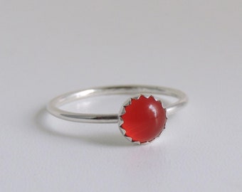 Carnelian Ring Sterling Silver Stacking Ring Serrated Bezel Orange Stone