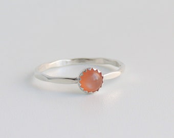 Peach Moonstone Ring Sterling Silver Serrated Bezel Stacking Ring