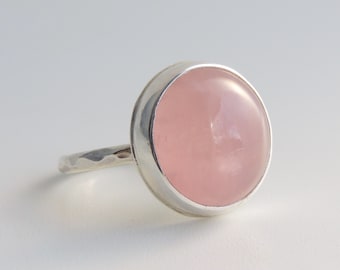 Bague quartz rose en argent sterling, pierre précieuse ronde de 16 mm, taille 7,5
