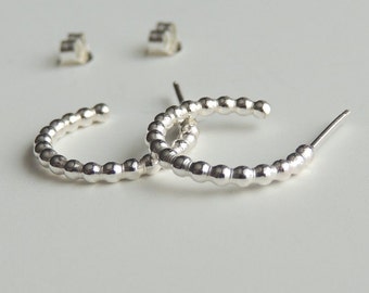 Sterling Silver Hoops Beaded 15mm Small Stud Earrings