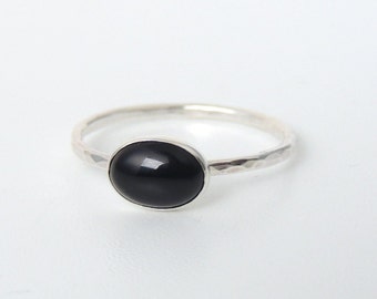 Oval Black Onyx Ring Sterling Silver Stacking Ring 8mm x 6mm Horizontal Setting