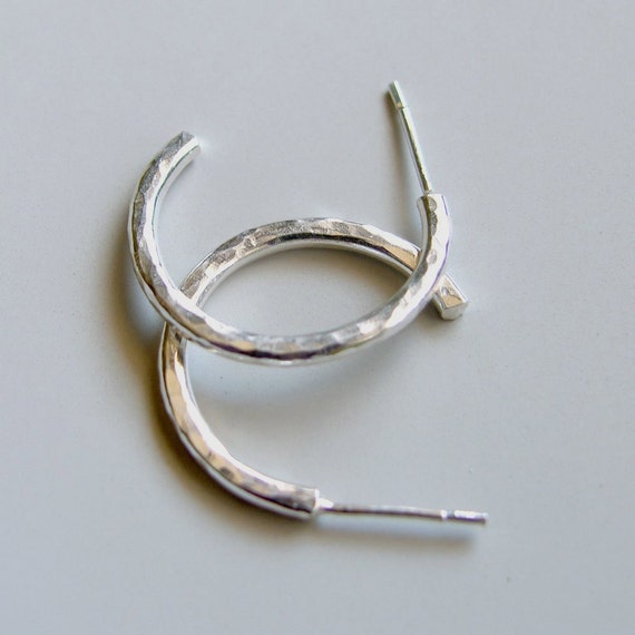 Sterling Silver Hoops 1 inch 25mm Stud Hoop Earrings Hammered | Etsy