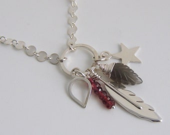 Collier talisman en argent sterling avec breloque et pendentif en pierres précieuses