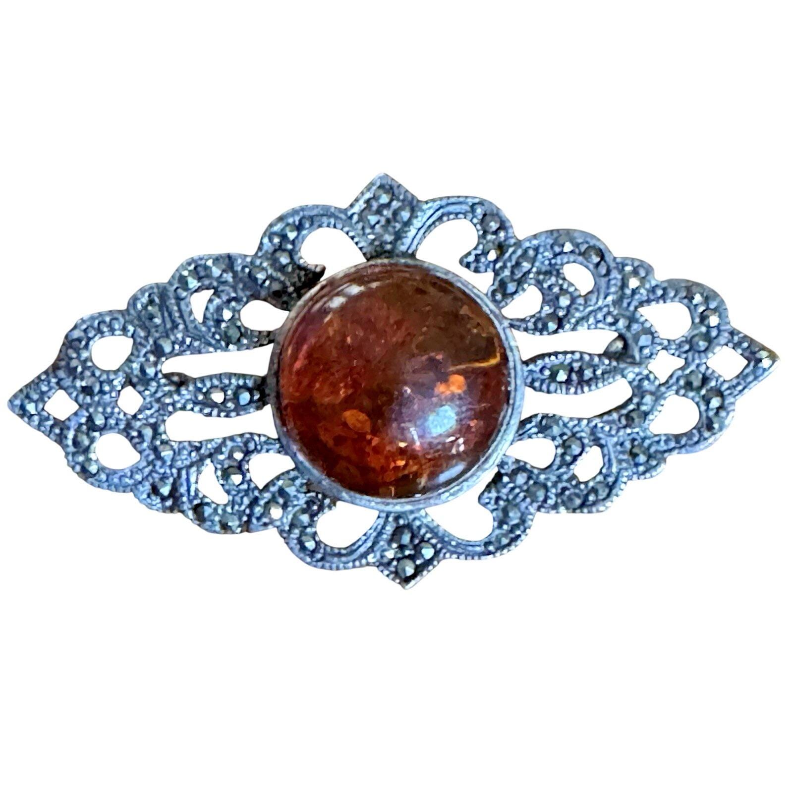 Broche Ovale Argent 925 Avec Rubis Et Marcassite - Neuf Sans Emballage - Bijou Femme