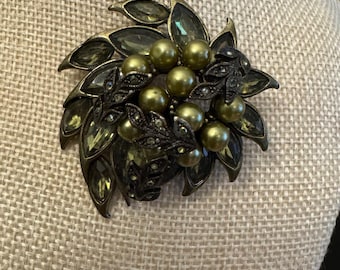 Vintage Gold-Tone Brooch With Green Faux Pearls & Rhinestone Accents Leaf Motif