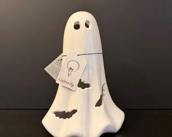 Ceramic White Ghost Lantern Cutout Bat Details & LED Light Up Feature Halloween Decor