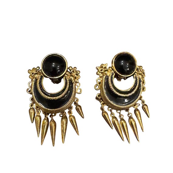 Ugo Correani Enamel Etruscan Door Knocker Fringe Dangle Earrings
