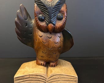 Handcrafted Carved Wooden Owl Figurine On Book Base 8 inches