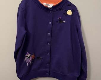 VTG Shenanigans Halloween Button Sweatshirt Witch Black Cat Moon Pumpkin Embroidery Purple & Orange Medium