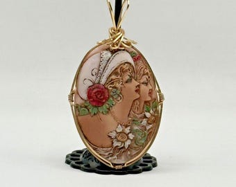 Vtg Signed JHK Bisque Gold Wire Wrapped 3D Cameo Pendant With Goddesses Design