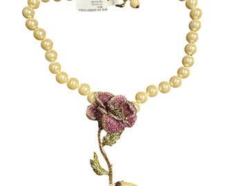 Heidi Daus Pearl Necklace With Crystal Rose Pendant & Drop Accent