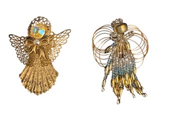Vintage Gold-Tone Angel Brooches, Filigree & Faux Gemstones (Set of 2)