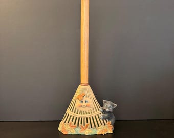 Fall-Themed Rake w/ Smiling Face & Kitten Figurine Hand-Painted Wooden Handle
