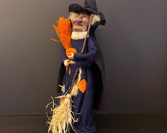 VTG Witch Figurine Tree Topper W Broom & Pumpkin Decor Cape Halloween Display