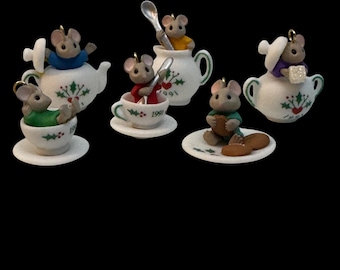 1991 Tiny Tea Party Miniature Porcelain Christmas Ornaments Set Of 6 With Holiday-Themed Mouse Figures